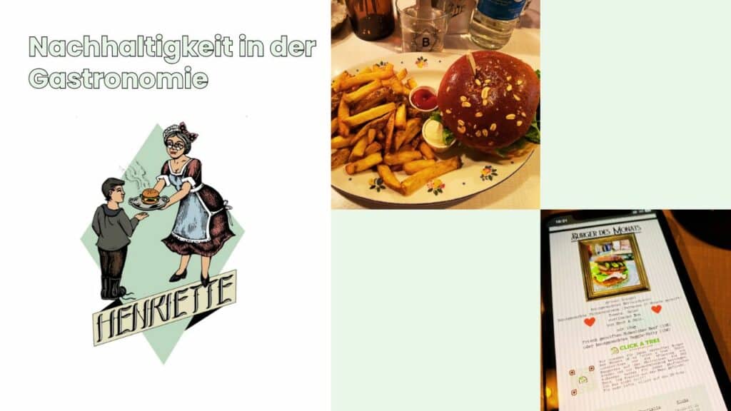 Das Bild zeigt einen Burger mit Pommes und das Logo der Henriette Burgerbar