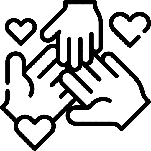 Das Icon zeigt zwei je eine Hand einer erwachsenen Person und eine kleine Hand umgeben von Herzen